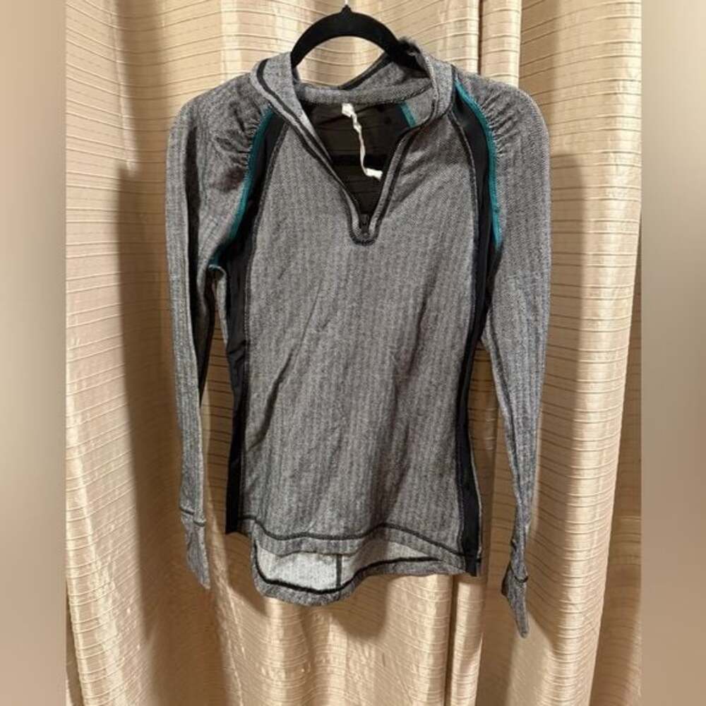 American Eagle Outfitters Gray Hoodie Top with Teal Piping